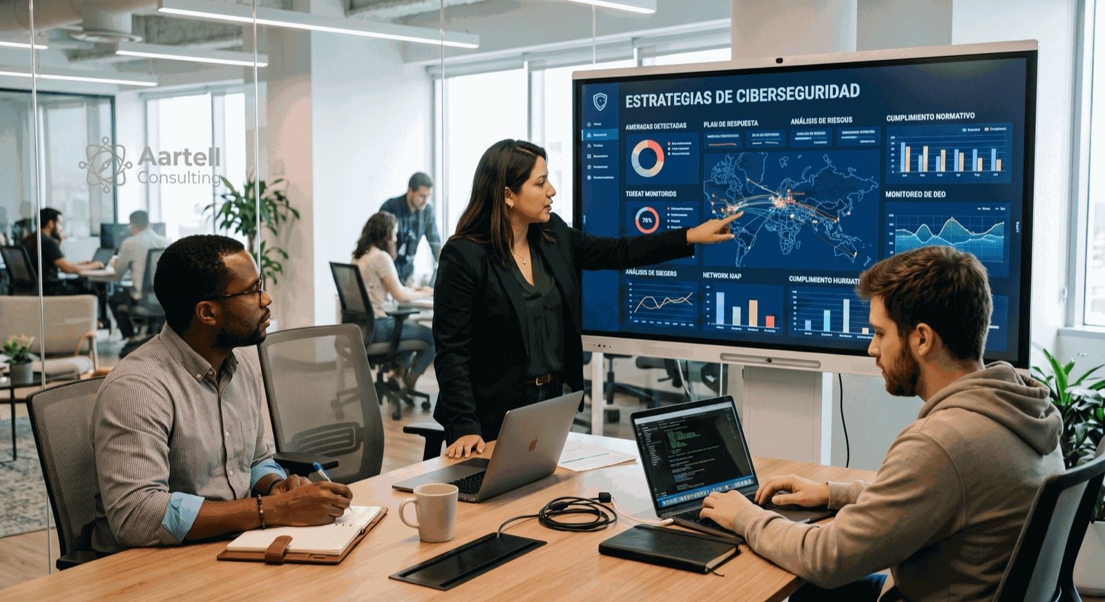 Consultora presentando un panel de estrategia de ciberseguridad a dos colegas en una oficina de Aartell Consulting