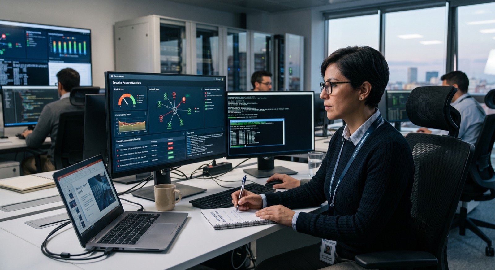 Analista de seguridad revisando un panel de postura de seguridad y hallazgos de vulnerabilidades en una oficina